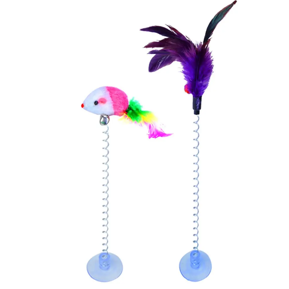 Cat toy colorful suction cup with bell spring mouse cat feather | Дом и сад