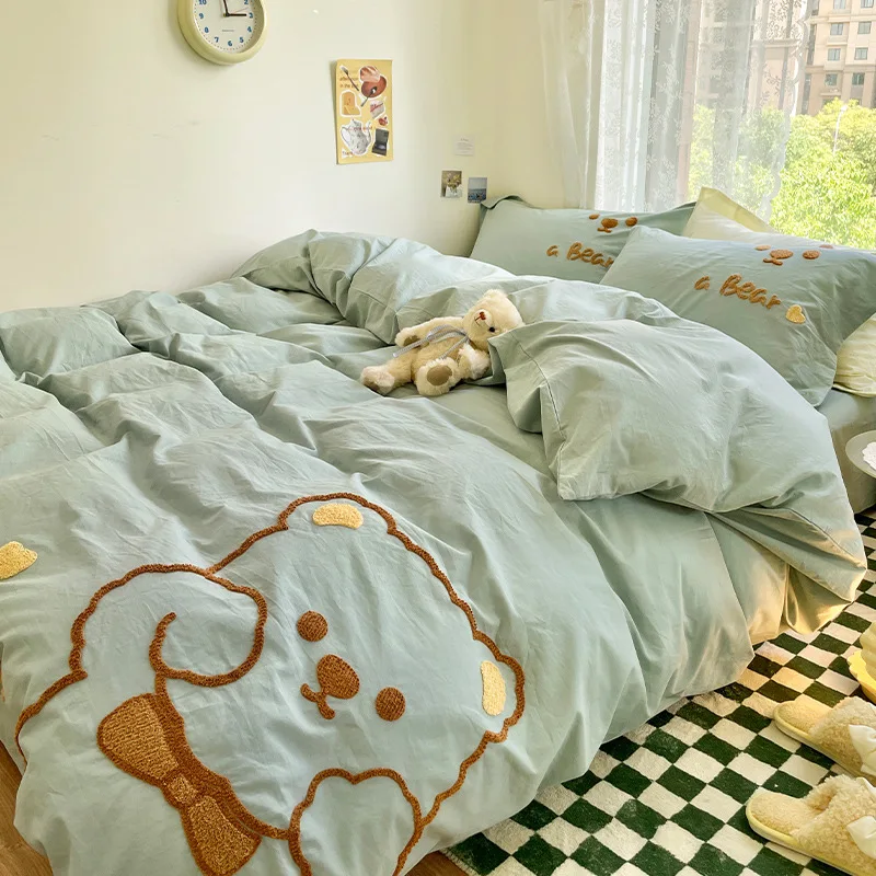 coziness baby bedding sets cute embroidery bear newborn bed sheet pillow case 4 piece set cotton textile new hot sale kids quilt free global shipping