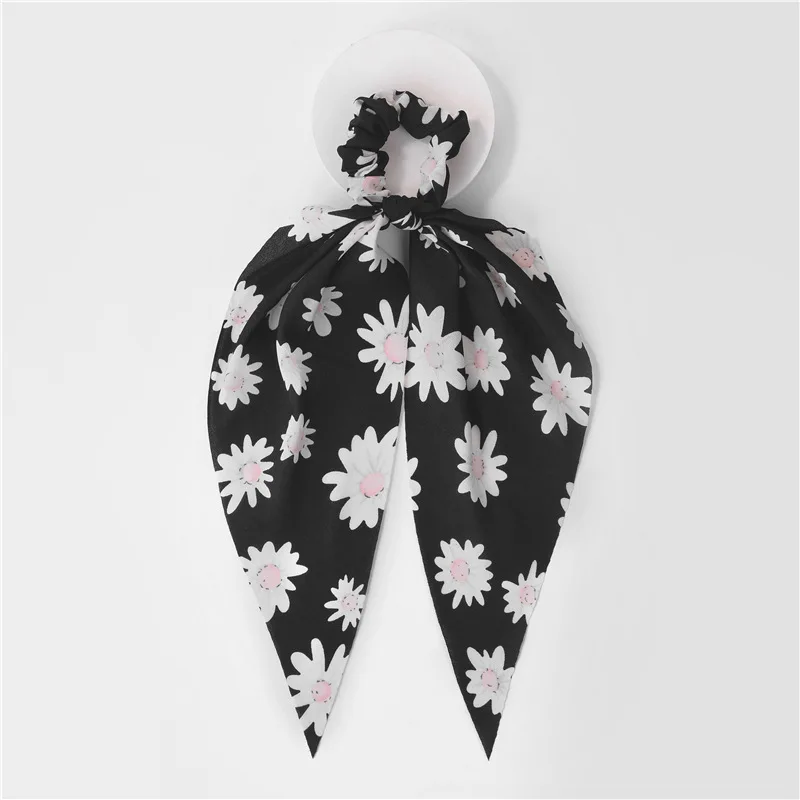 

ZWPON New Daisy Floral Print Silk Scrunchies Women Elastic Hair Bands Streamers Bow Hair Scarf Hair Rope Ties Hair Accessories