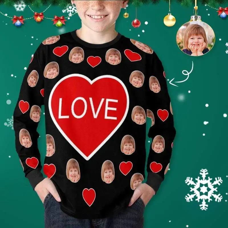 

Custom Face Love Black Kids Rib Cuff Long Sleeve T-shirt Children Top Outwear All Over Print Personalized Autumn Birthday Gifts