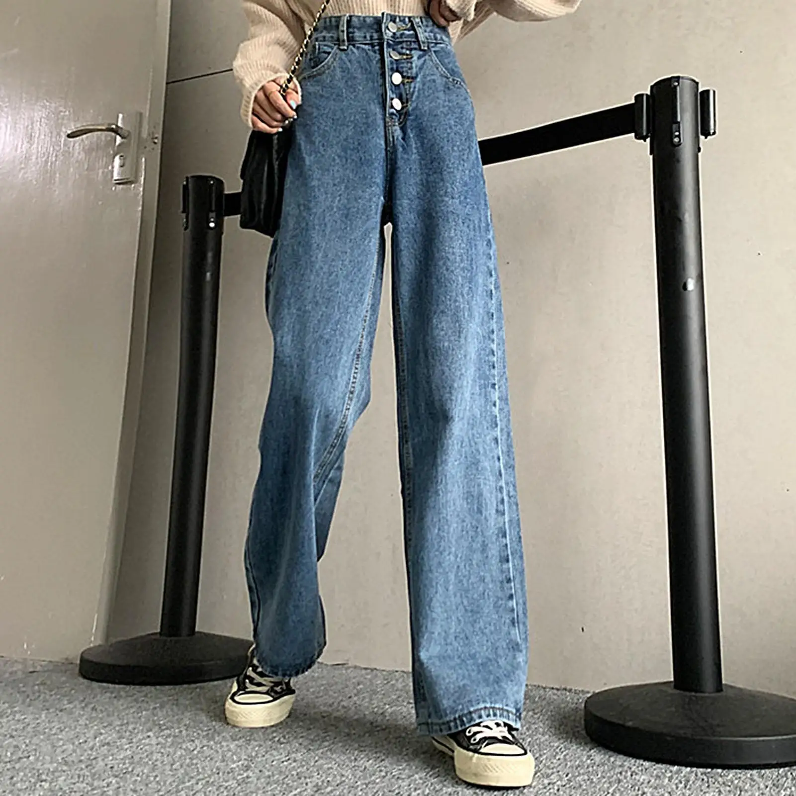 

Casual Women High Waist Button Wide Leg Trousers Pockets Solid Color Pants Jeans