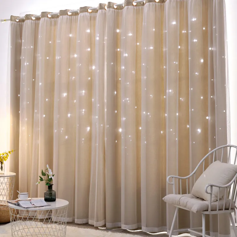 

Custom Made Princess style Double Layer Blackout Star Hollow Thick Curtains with Lace Tulle for Home Living Room window Decor