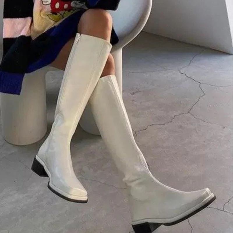 

Woman Boots High Boots For Female Concise Long Boots Zipper Boot Ladies Low Heels Solid Square Toe Shoes Fashion 2021 New