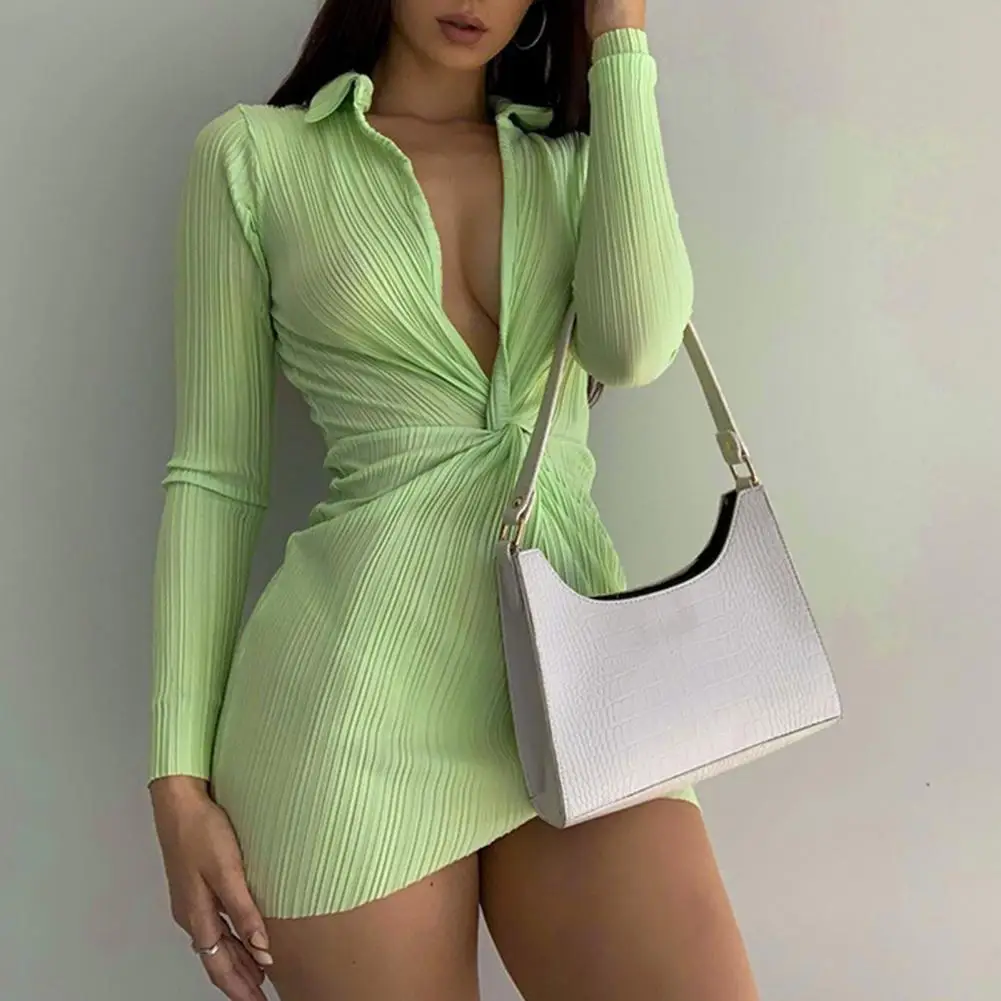 

Lady Sexy Shirt Dress Pit Stripes Deep V Neck Women Turn-Down Collar Lapel Long Sleeve Ruched Bodycon Dresses 2021