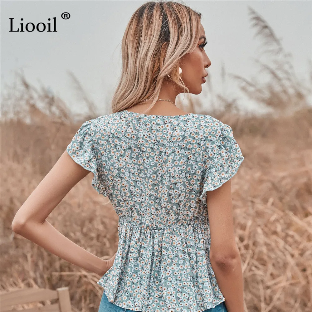 

Liooil Sexy Floral Print Ruffle T Shirts Women V-Neck Bandage Top Slim Waist Short Sleeve Pullovers Summer 2021 Ladies Blouses