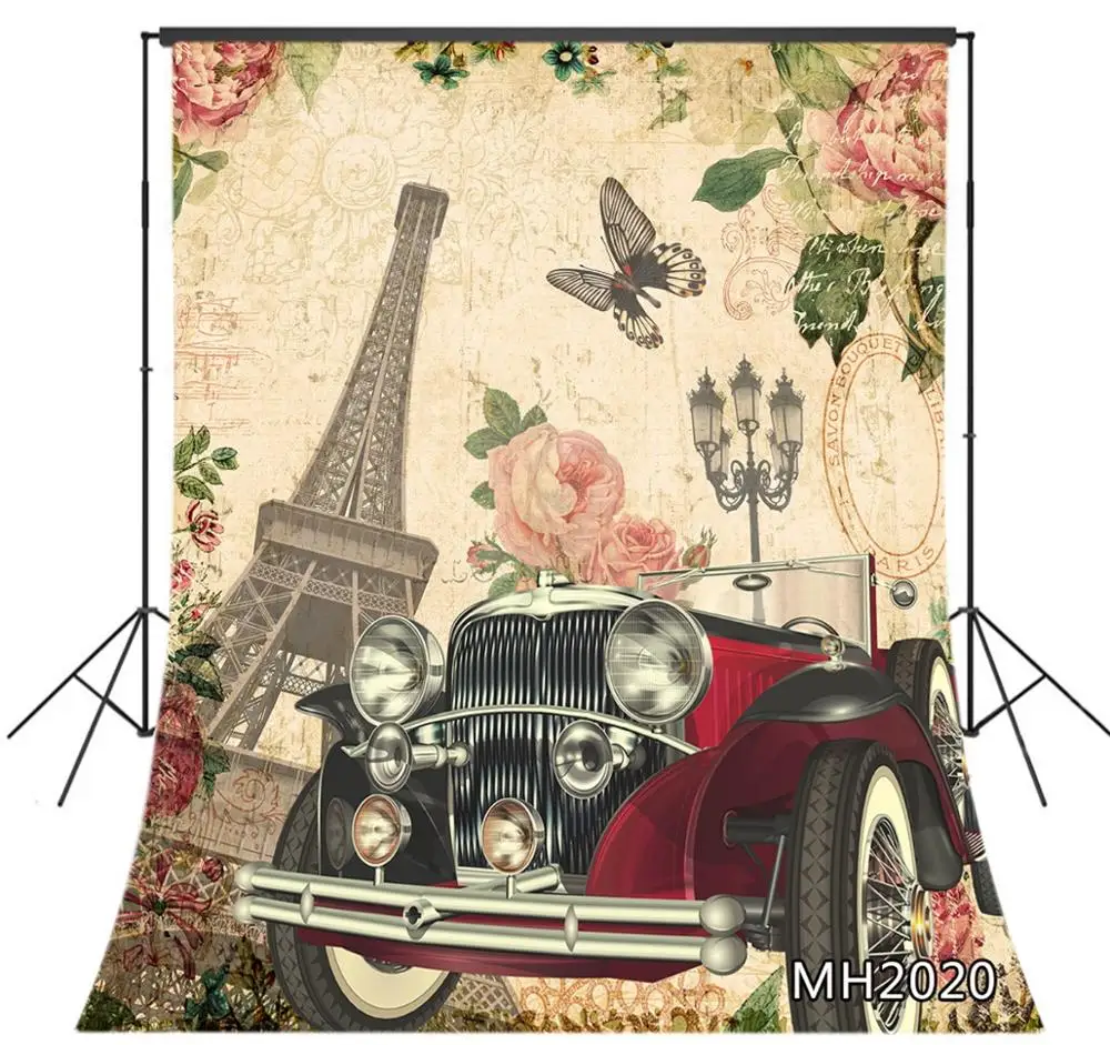 Retro Romantic Paris Eiffel Tower Photography Backdrop Red Vintage Car Rose Flower Butterfly Wedding Photo Background Photocall |