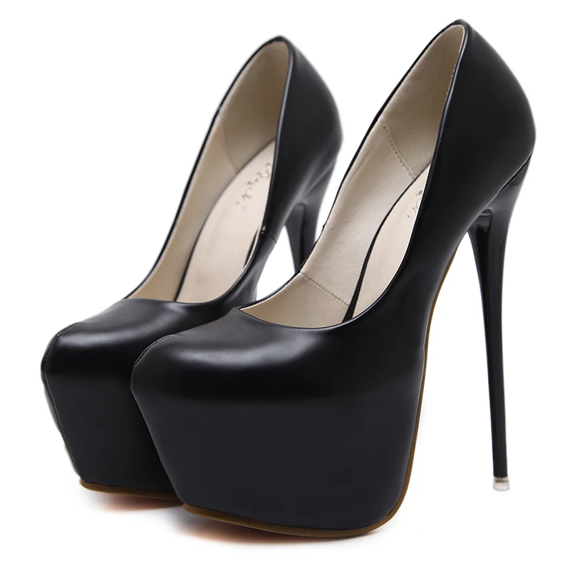 

Genuine Leather Ultra 16cm Sexy High Heels Round Toe Platform Pumps Women Stiletto Solid Color Wedding Nightclub Shoes For Women