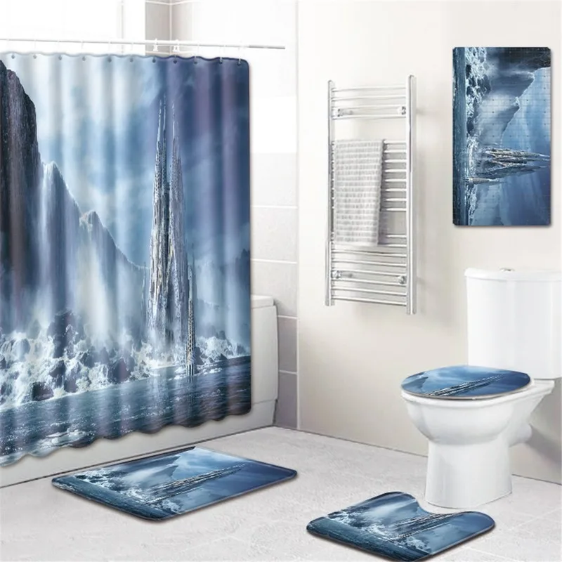 

PVC Floor Mat Door Mat Waterproof Shower Curtain Bathroom Mat Five-Piece Carpet Bath Mat Toilet Cover Foot Mat Bathtub Mat
