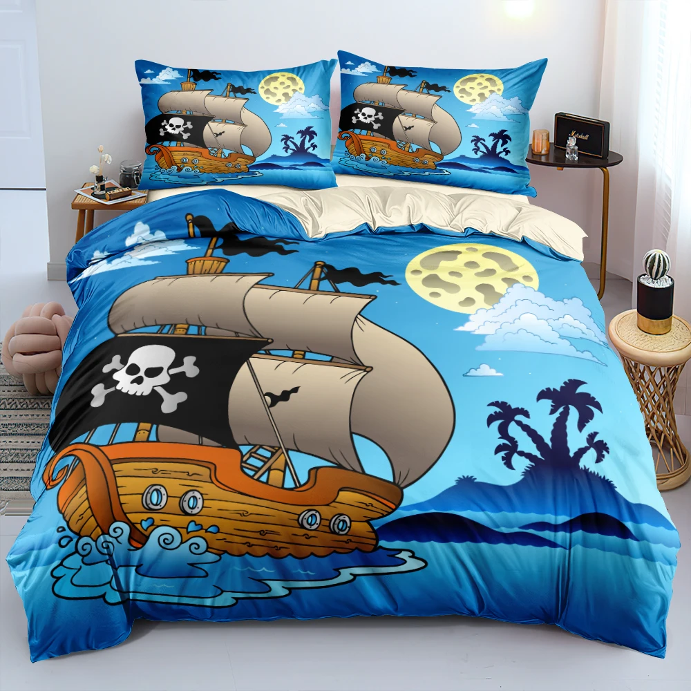 

Cartoon Pirate Ship Duvet Cover Set Comfortable Bedclothes With Close Skin Pillowcases Single Double Queen King Sizes For Boys
