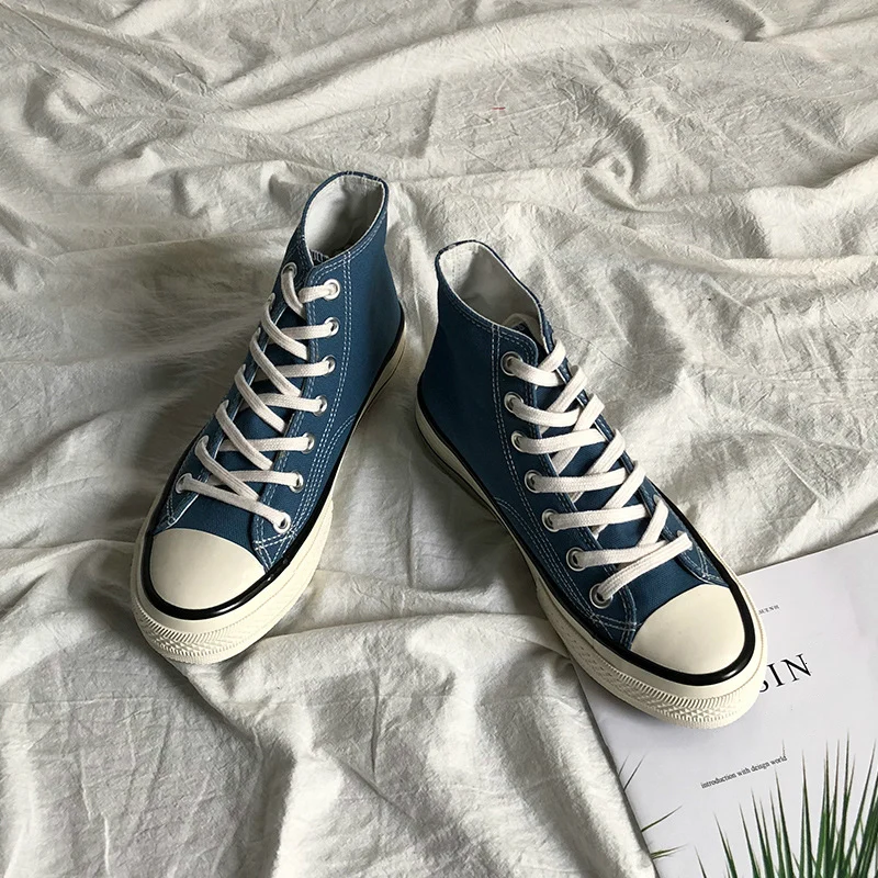 

Girls Rubber Sole Canvas Shoes Women Green School High Shoes Plus Size Unisex Couple Casual Lace-up Sew Vulcanized Shoes Female