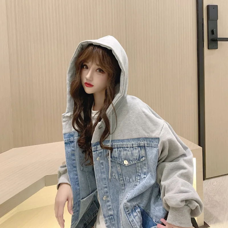 

2021 Spring Autumn New Tow Pieces Sweatshirt Stitching Denim Coat Women Loose BF Jacket Fashion Outerwear & Coats Harajuku Ins