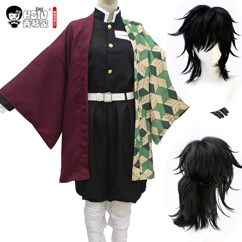 HSIU Tomioka Giyuu Аниме Косплей Костюм парик Demon Slayer: Kimetsu no Yaiba кимоно униформа плащ Хэллоуин Черный синтетические волосы