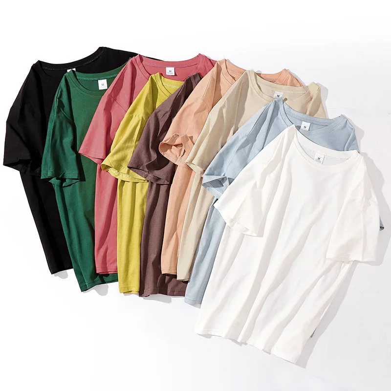 

100% cotton T-shirt women spring and summer new loose black and white solid color T-shirt Korean round neck bottoming shirt