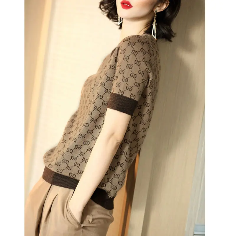 

New 2021 temperament short sleeve women's knitted ice silk casual versatile T-shirt with a loose top