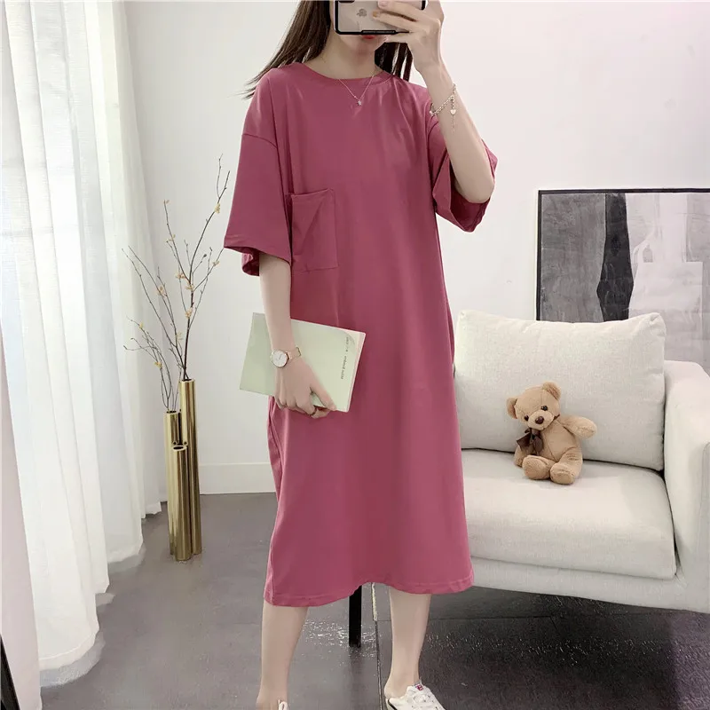 

Женское свободное платье выше колена, повседневное летнее платье с коротким рукавом и круглым вырезом, с карманами