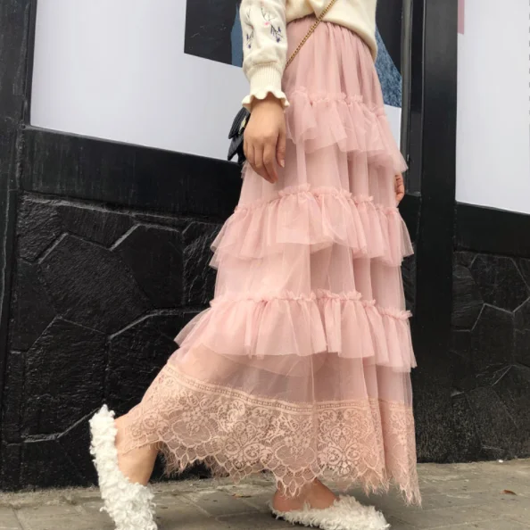 Милые тюлевые юбки Длинные одноцветные в сеточку для женщин 2020 многослойная юбка