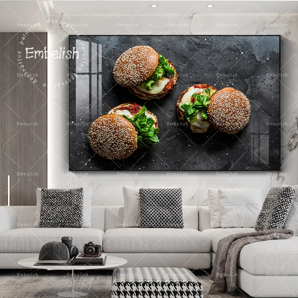 

Three Hamburger With Fresh Vegetables Food Wall Pictures For Living Room Modern Home Decor Posters HD Print Canvas Paintings