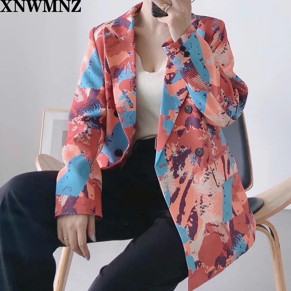 

XNWMNZ ZA 2020 Новый женский винтажный блейзер с принтом граффити женский двубортный с длинным рукавом Повседневная стильная верхняя одежда кост...
