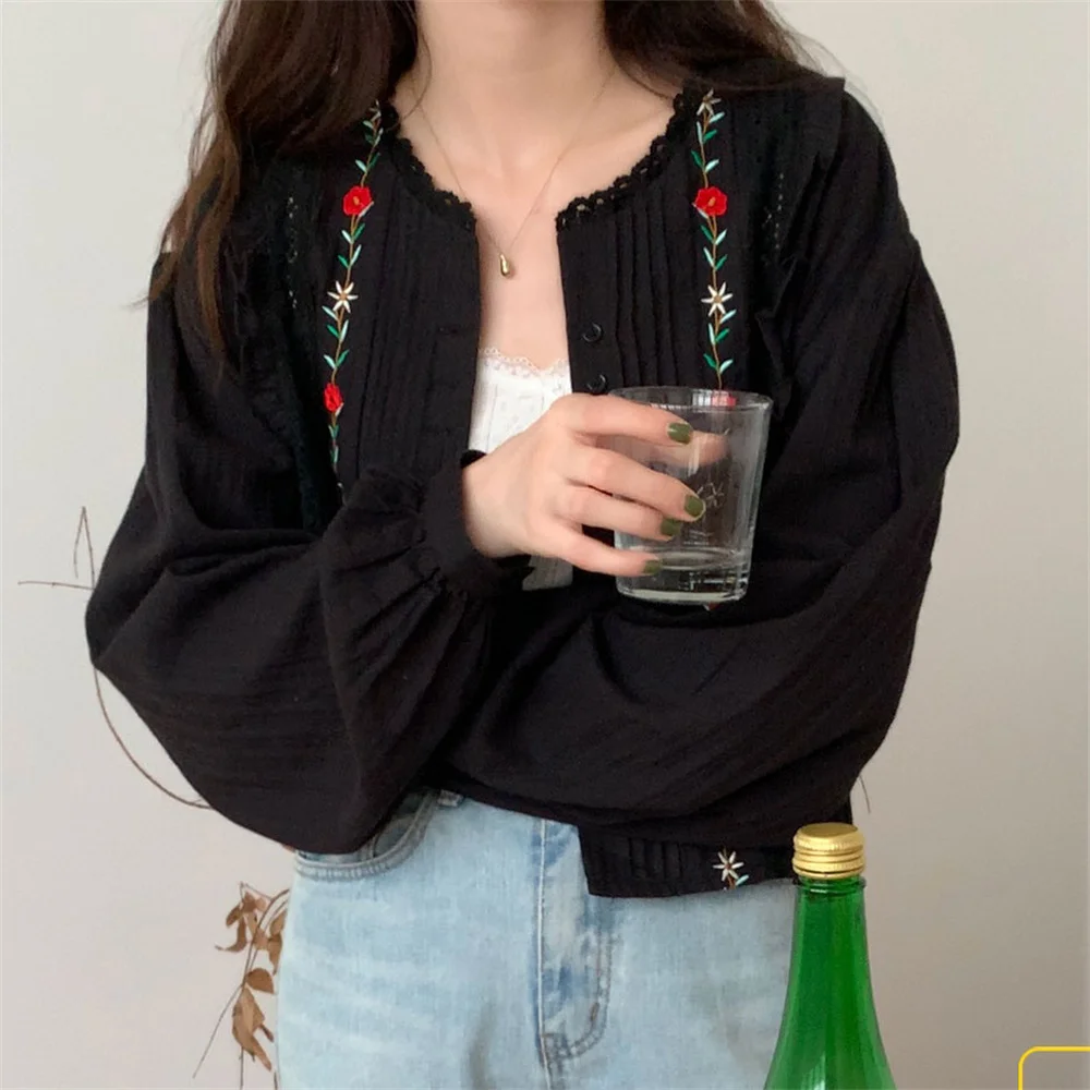 

Рубашки 민민민retro с цветочной вышивкой, корейские женские топы с круглым вырезом для девушек, повседневные универсальные осенние офисные сво...