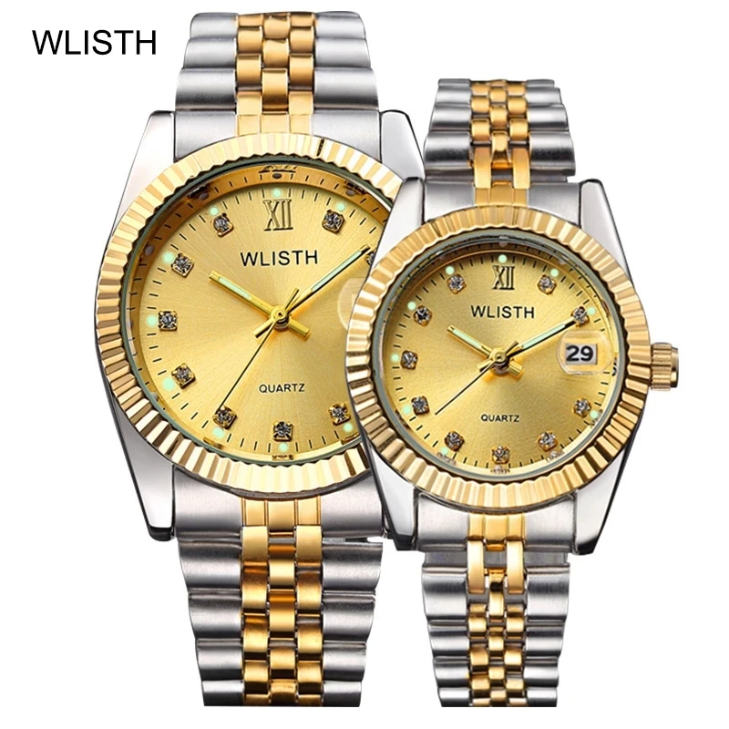 

2021 WLISTH Luxury Gold Watch Lady Men Lover Stainless Steel Quartz Waterproof Male Wristwatches for men Analog Auto date clcok