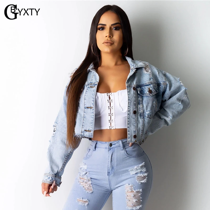 Женская укороченная джинсовая куртка GBTXTY уличная короткая потертая бомбер с