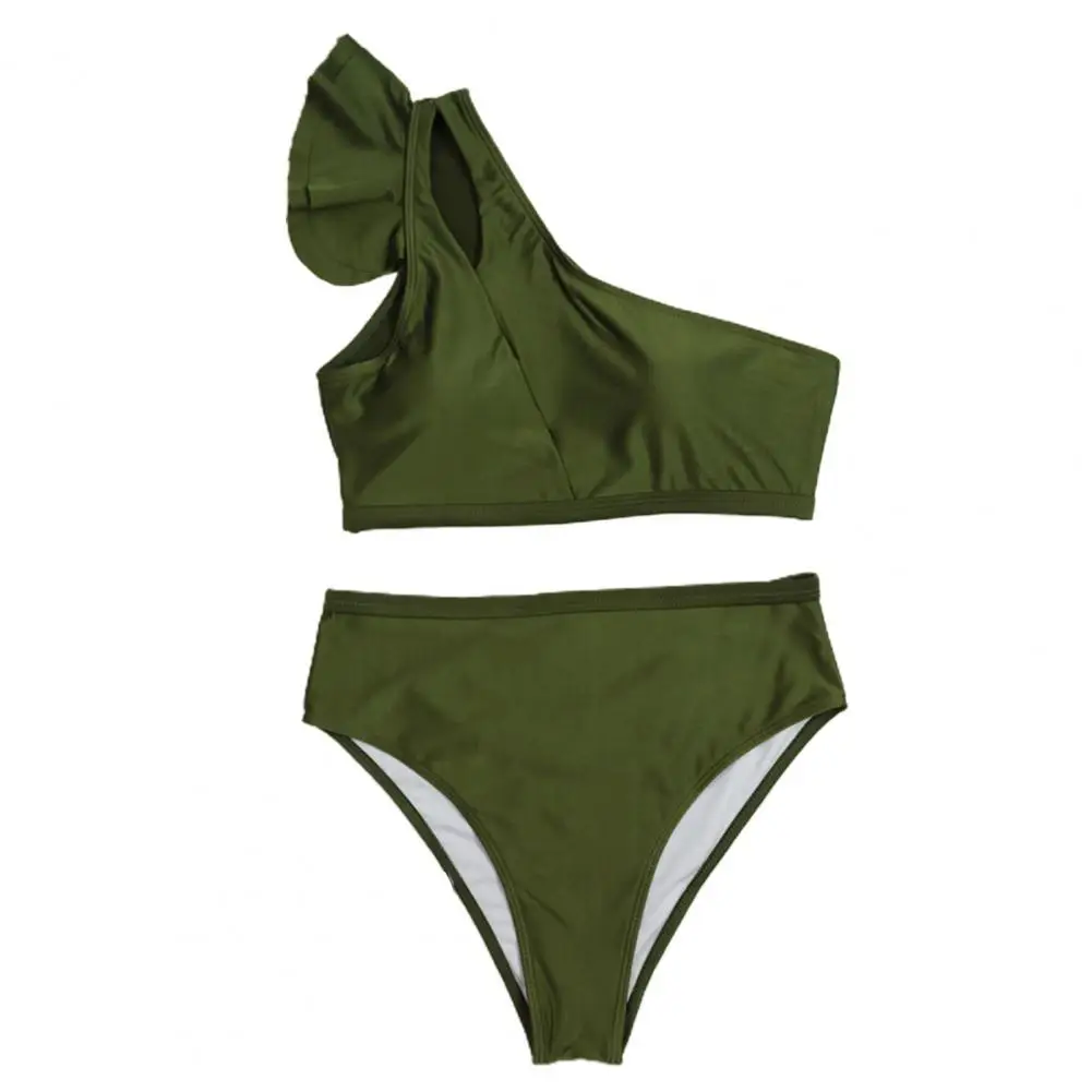 

Women One Shoulder High Waist Two-piece Ruffle Bandeau Bra Briefs Swimsuit Bikini Bathing Suit for Beach Bikinis Set
