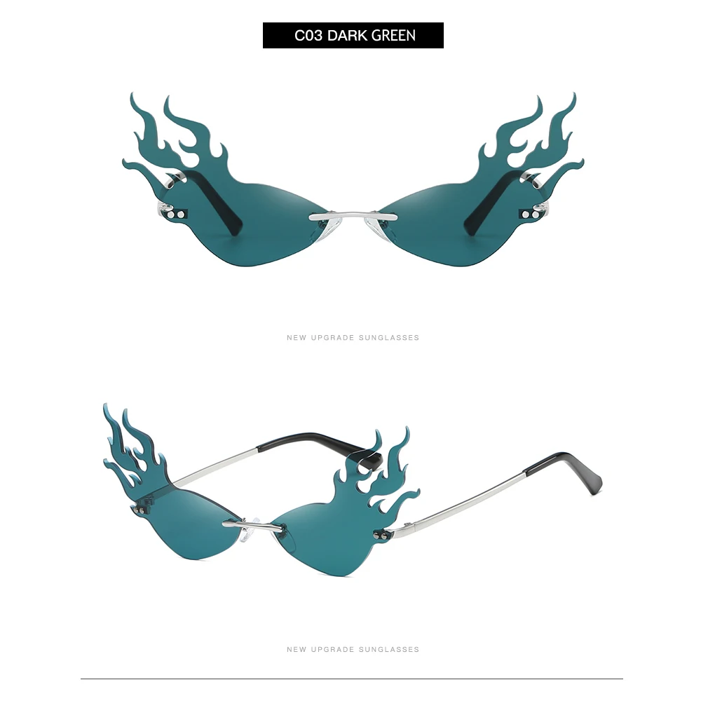 C03 Dark green Модные солнцезащитные очки с огненным пламенем для женщин и мужчин, солнцезащитные очки без оправы, УФ 400, роскошные трендовые узкие солнцезащитные очки, уличная одежда - Цвет линз: C03 Dark green