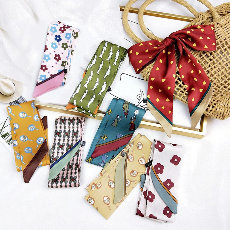 

Women Wave Point Chiffon Silk Scarves Paisley Strip Tie Scarves Black Headband Bag Ribbon Choker Female Bandana Shawl