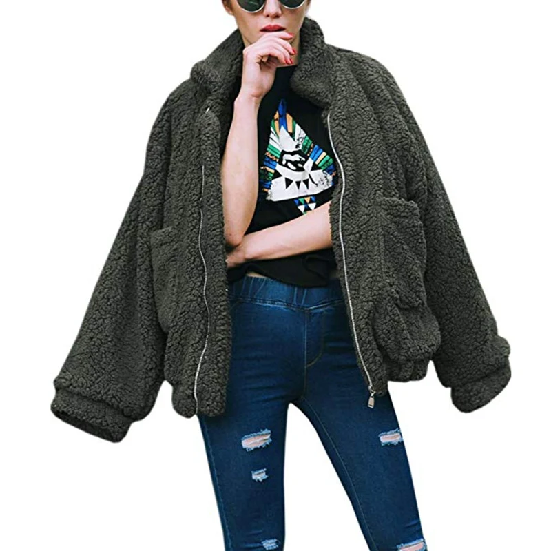 

Elegant Women Faux Fur Coat Autumn Winter Warm Plush Soft Zipper Fur Jacket Female Pocket Casual Teddy Outwear Overcoat