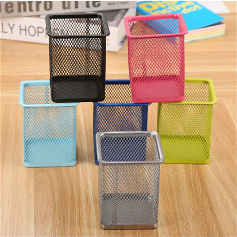 

rose gold desk accessories cute pen holder mesh desk organizer simple solid color metal round square pencil holder