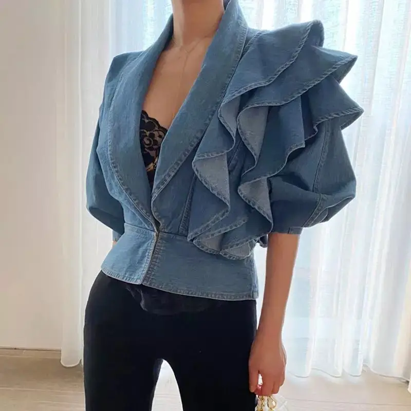 

Denim Blouse Female 2021 Fashion New Clothing Autumn Tide Patchwork Ruffle Tunic Shirt For Women V Neck Half Sleeve