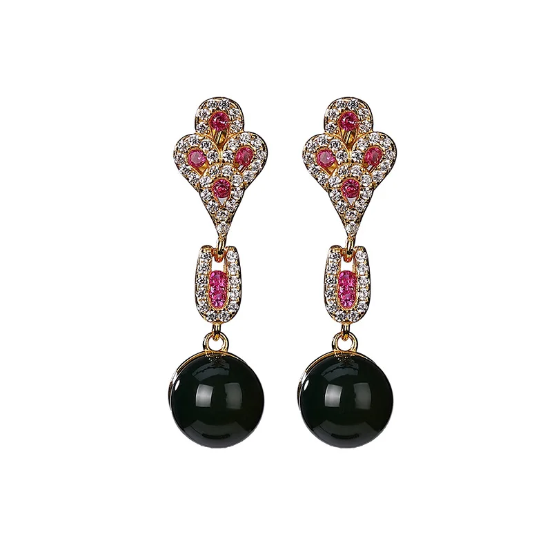 

S925 sterling silver gold-plated natural Mexican blue amber stud earrings light luxury women's round beads eardrop earring