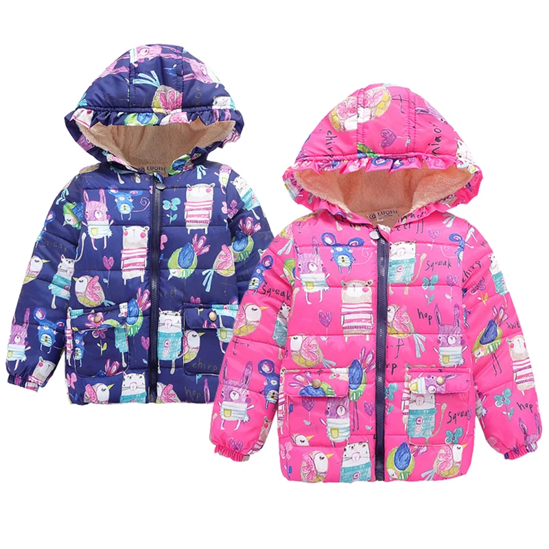 

Winter Girls Jackets Cartoon Doodle Keep Warm Christmas Boys Coat Hooded Zipper Fashion Children Outerwear Birthday Kids Clothes