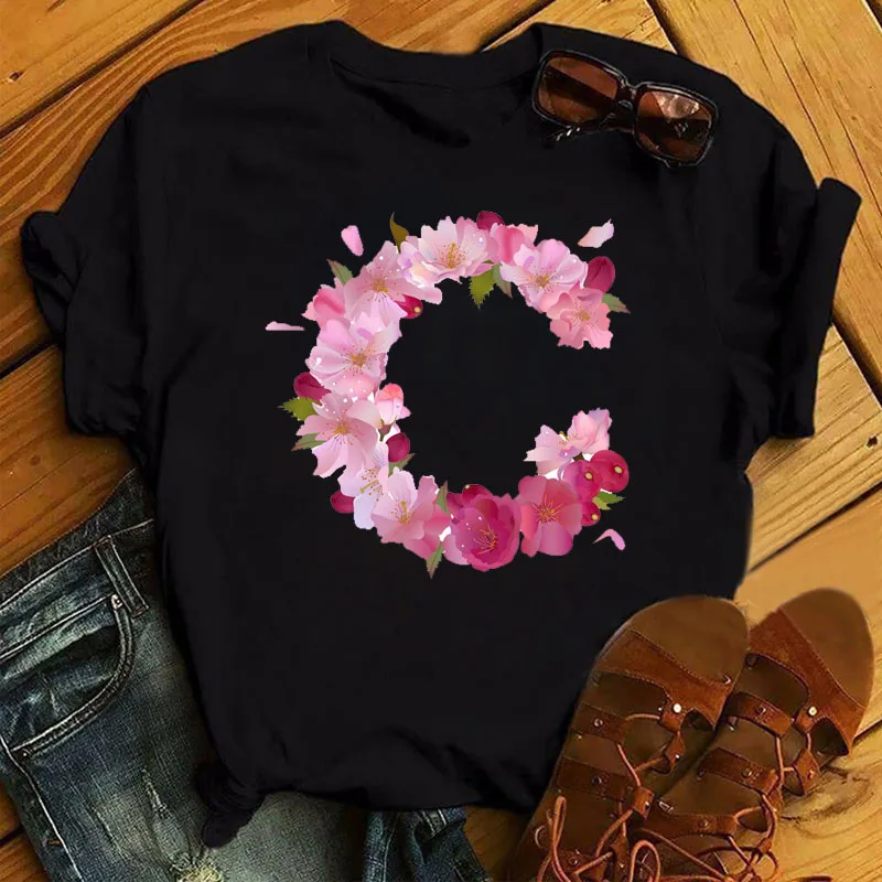 Весенняя Футболка с принтом алфавита розовыми цветами A B C D женская футболка