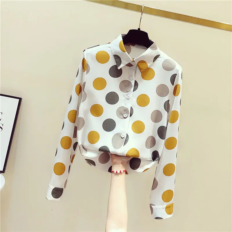 

2021 New Raglan Sleeve Women shirt Summer All-match Long sleeve Chiffon Top Fashion Wave point elegant Plus Size Female Blouse