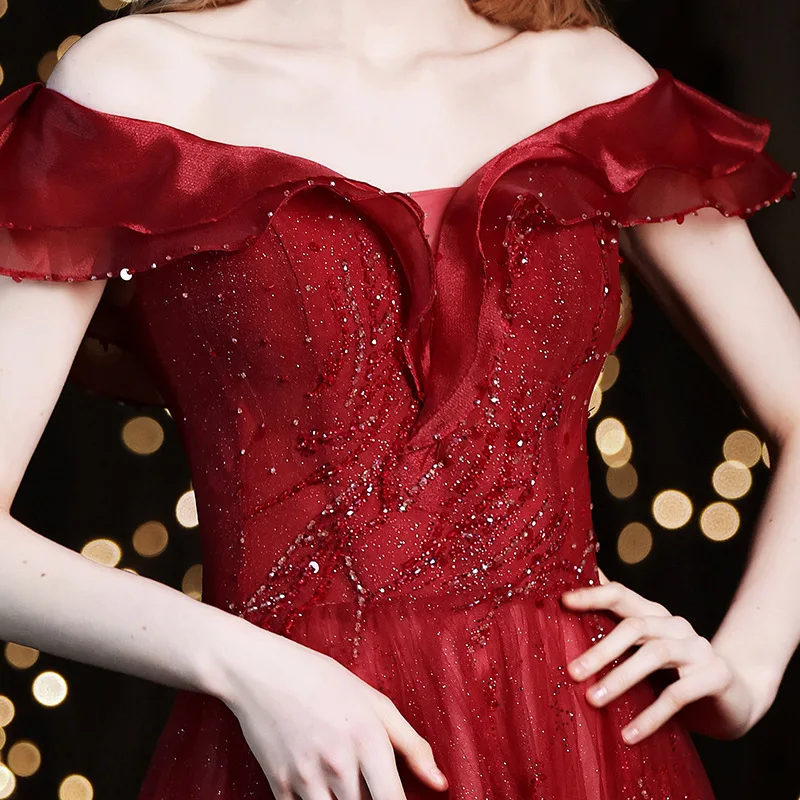 

Off the Shoulder Evening Dress Tulle Ruffles Boat Neck Sequins Beading A-Line Burgundy Formal Prom Gowns Elegant Robes De Soiré