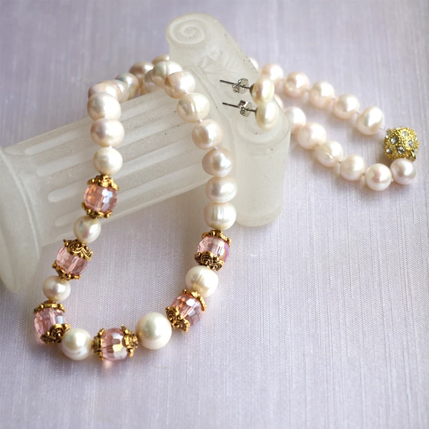 Bohemis style 8-9mm white natural cultured freshwater pearl beads necklace earrings high grade women jewelry set 18inch B3023 | Украшения и