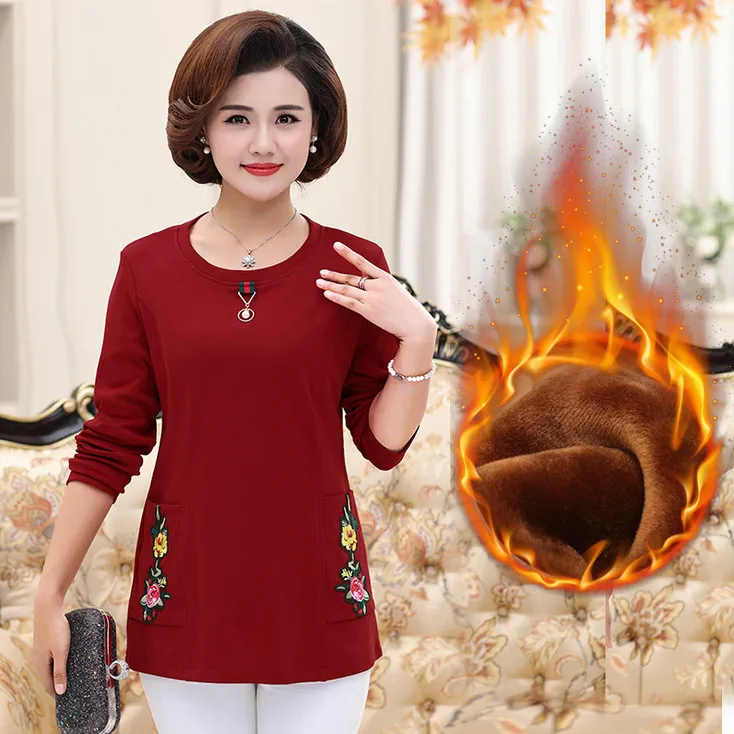 warm tops fall winter women thick long sleeves t-shirts velvet jersey plus size middle age mother shirt pulloves bottoming shirt - Цвет: velvet wine red 8291