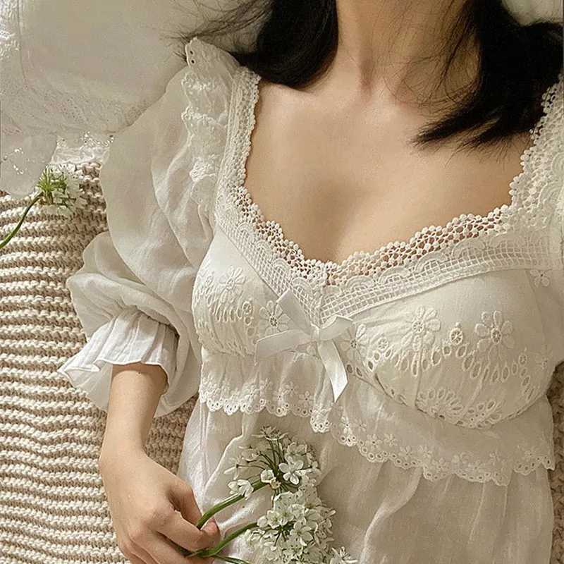 

Sexy Nightdress Women Princess Style Nightgown Sweet Lace Sleepwear Long Sleeve Ruffles Nightwear With Bra Loose Home Dress New