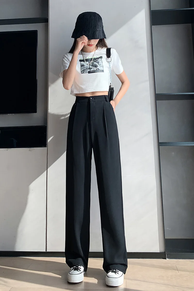 

Casual Wide Leg Pants for Women Summer Solid High Waist Loose Straight Pants Floor Length White Suits Pants Ladies Trousers 2021