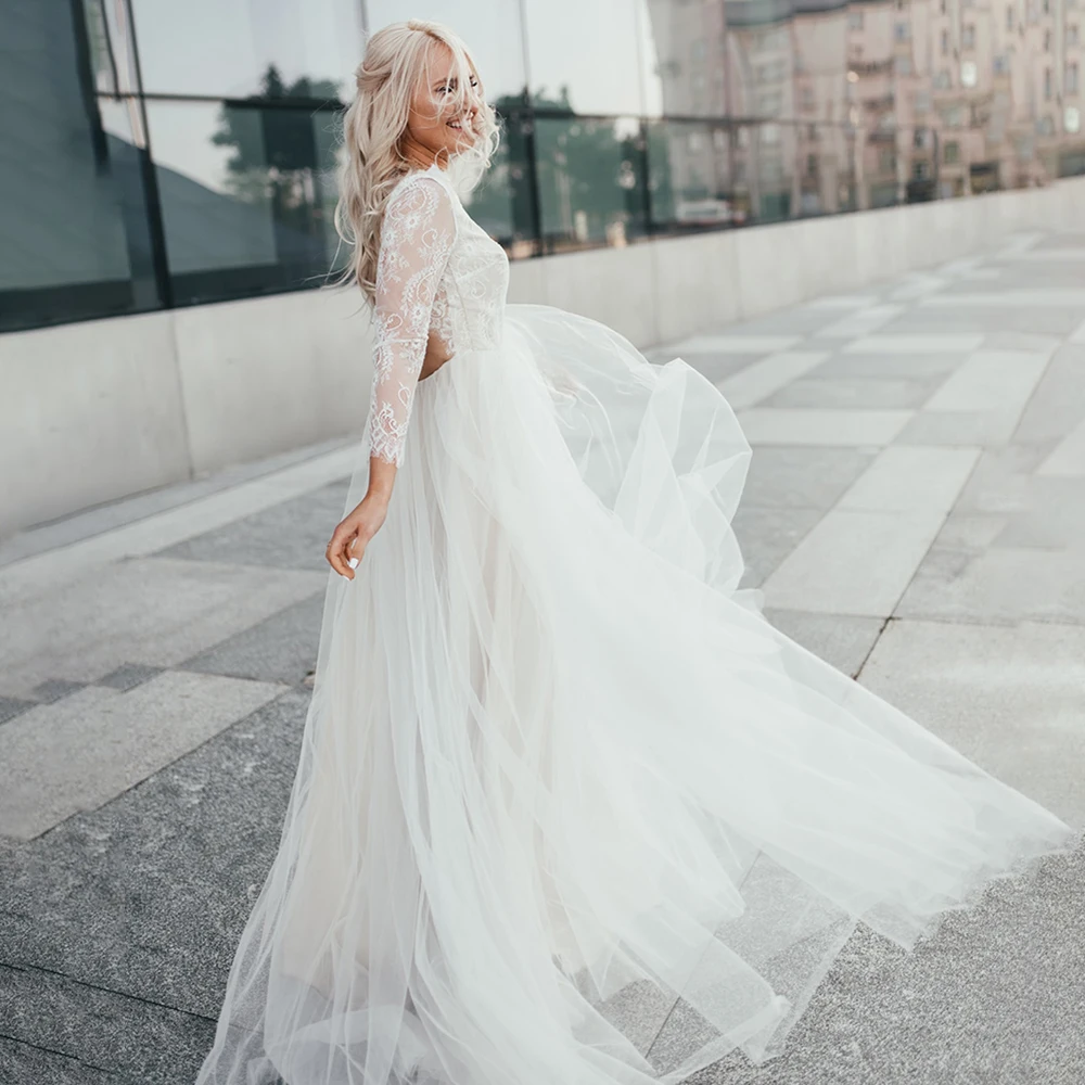 

Long Sleeves Boat Neck Lace Tulle Bridal Gown A Line Custom Made Keyhole Back Garden Rustic Backless Boho Beach Wedding Dress