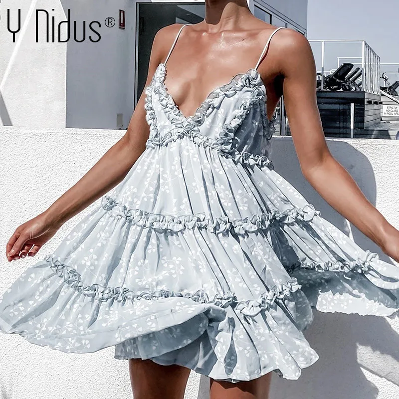 

Sexy Ruffles Dresses Women's Boho Summer Mini Dress 2021 Floral Print Sundress Deep V-Neck Strapless Backless Dresses Vestidos
