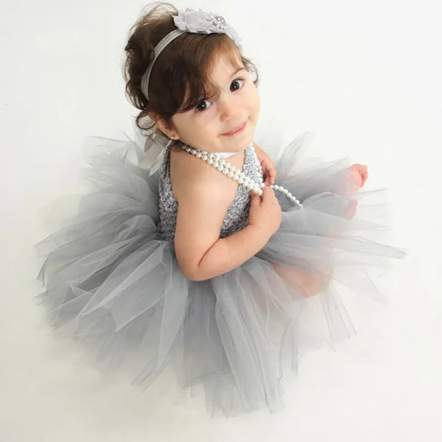 

Baby Grey Crochet Tutu Dress Girls Handmade 1Layer Tulle Dress with Flower Headband Set Newborn Birthday Party Costume Dresses