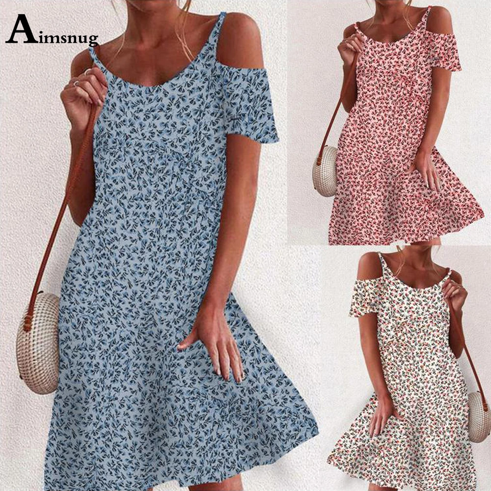 

Aimsnug 2021 Summer Ladies Elegant Short Mini Dress Hollow Sleeve Boho Flower Print Dresses Plus size Women Casual A-line Dress