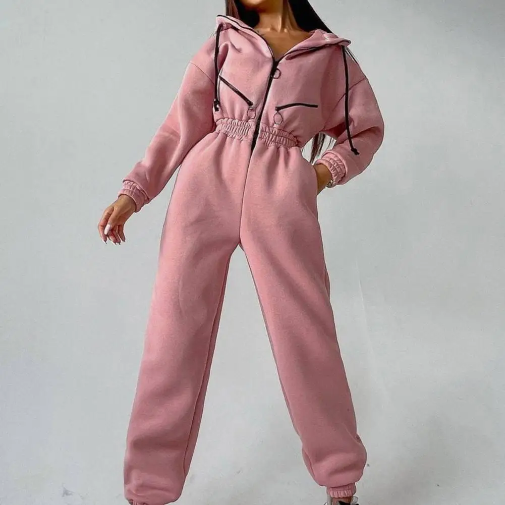 

Women Playsuit Solid Color Thick Warm Tight Waist Winter Rompers for Daily Wear