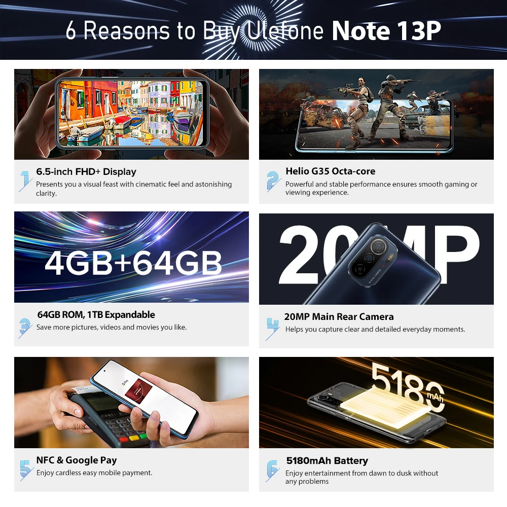Смартфон Note 13P Ulefone Helio G35 5180 мАч Android 11 4 Гб + 64 ГБ 6 5 дюйма FHD дисплей 4G сотовый