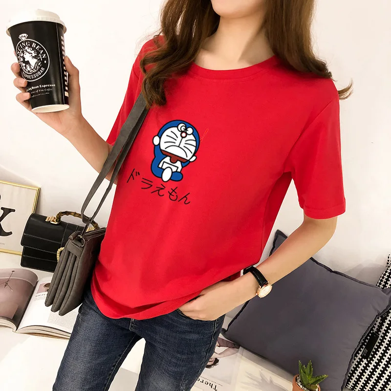 2019 Харадзюку Футболка женская каваи летние топы с принтом Дораэмон рукав