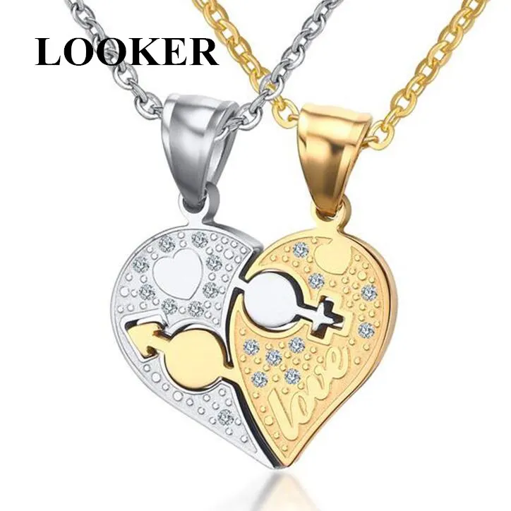 LOOKER Romantic Couples Heart Crystal Necklaces Jewelries Her &amp His Love Forever Pendant Set Valentine Stainless Steel | Украшения и