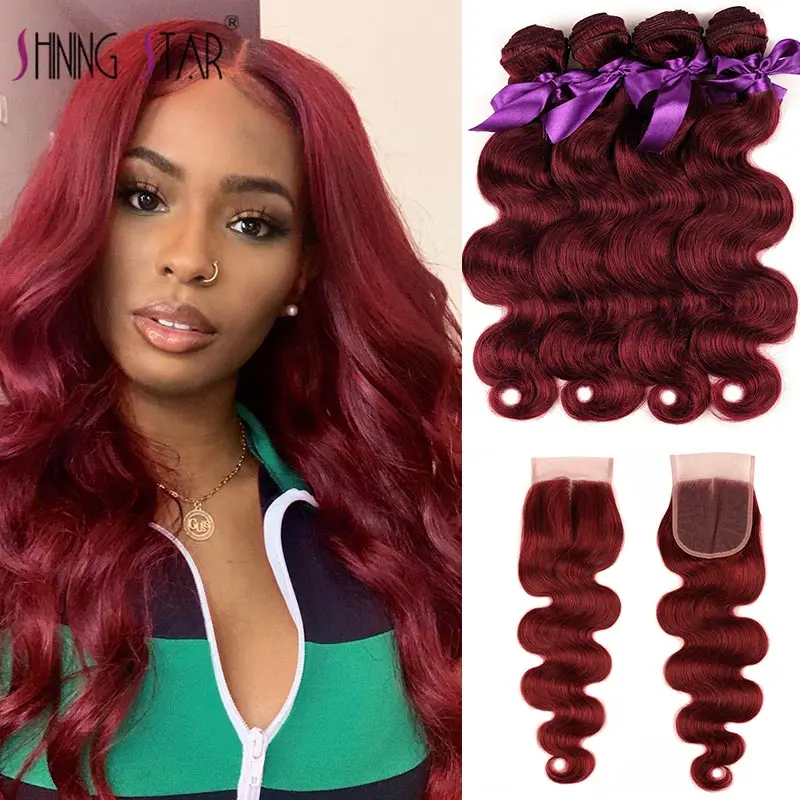 Цветные 99J Малазийские Волосы пряди с закрытием красные волнистые волосы 4
