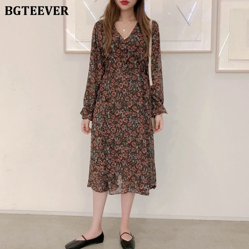 BGTEEVER винтажное женское шифоновое платье с цветочным принтом и v-образным вырезом